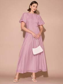 Enchnt Women's Solid Color Round Neck Short Puff Sleeve Elegant Dress,Summer Dresses For Women