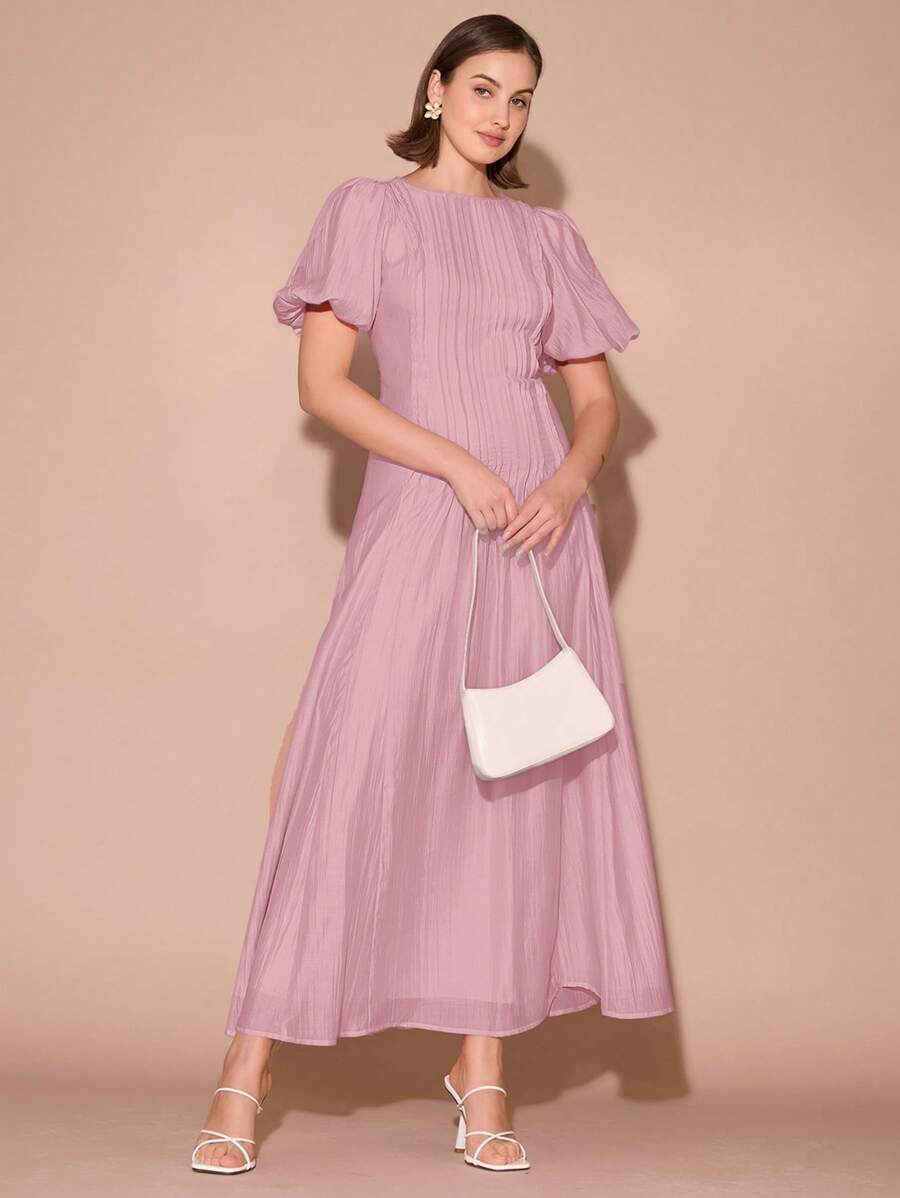 Enchnt Women's Solid Color Round Neck Short Puff Sleeve Elegant Dress,Summer Dresses For Women