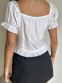 SHEIN EZwear Women's Lace Up Lace And Puff Sleeve Cute Crop Top Blouse