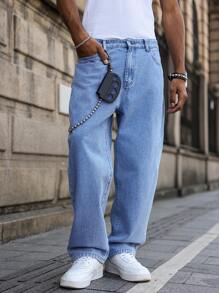 Manfinity Hypemode Men's Light Blue Washed Casual Slim Straight Jeans - Light Wash - View 3