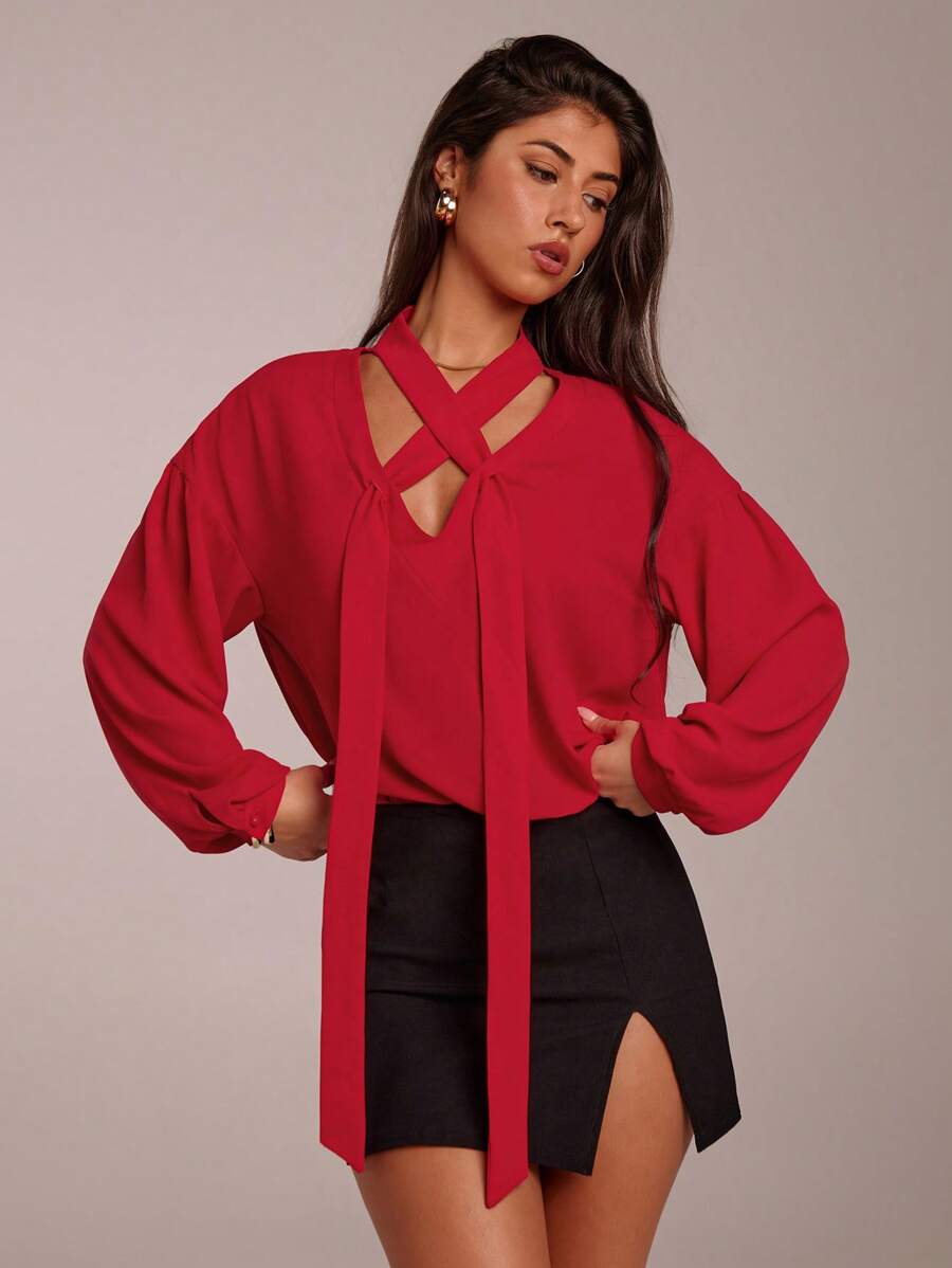 Forever 21 Elegante rote Chiffon-Criss-Cross-Blusenkombination mit Schleife für Frauen, geeignet für Büro und Pendeln im Frühling - Rot - Übersicht 1