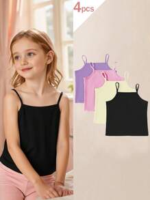 4pcs/Set Tween Girl Regular Camisole Underwear Set,Multicolor 4-Pack Regular Length Soft Fabric Camisole Tops,For Comfort And Breathability - Multicolor - View 1