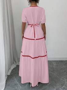 Elenzga Women V-Neck Short Puff Sleeve Ribbon Splice A-Line Dress - Baby Pink - View 2