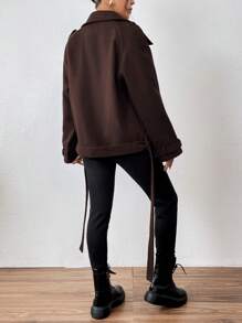 Chiquease Casual Collared Short Woolen Jacket With Design Details - Coffee Brown - View 2