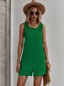 SHEIN LUNE Women's Casual Dark Green Woven Fabric Sleeveless Scoop Neck Ruched Short Jumpsuit - Dark Green - View 5