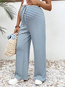 SHEIN Stylish Maternity Knitted Wide Leg Pants In Blue And White Stripes With Comfortable Drawstring Waist For Casual Wear - Blue and White - View 6