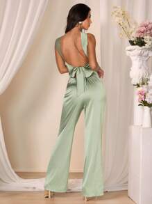 Glamine Combinaison élégante en satin dos nu pour femmes, tenue de saison de mariage - Vert - Voir 7