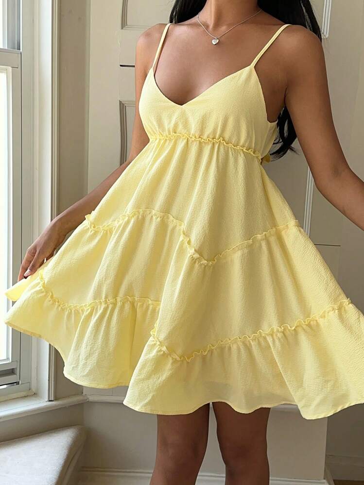 -Suitable-For-Seaside-Vacation SHEIN EZwear Plus Size New Summer Light Butter Yellow Woven Texture Sling  Small A-Line Lemon Yellow Dress, Suitable For Seaside Vacation, With  Flowers And Star Accessories,Summer Dresses For Women,Sun Dresses,Cute,European  Summer,Beach,Sun Dresses