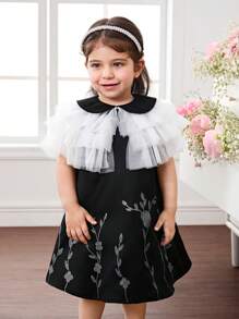 Baby Girl Elegant Floral Print Peter Pan Collar Dress With Chiffon Shawl Set - Black - View 5