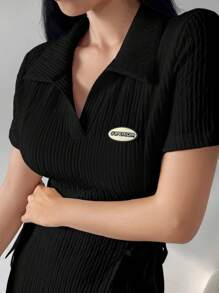 Aidyla 女士字母印花翻领袖侧腰系带中长款休闲连衣裙长款女士装长款晚礼服 - 黑色 - 查看 6