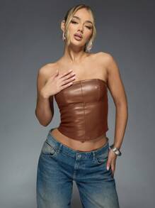 MISSGUIDED Parte superior con estructura de corsé de piel sintética sin tirantes, tipo bustier, para otoño e invierno, apropiada para fiestas, clubes y salidas nocturnas, con diseño de panel de tórax con ballenas