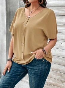 EMERY ROSE Plus Size Women's Orange Button Embellished Short Sleeve Shirt For Spring - Camel - View 4