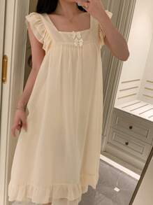 DAZY 女士甜美蝴蝶结荷叶边方领轻盈睡袍，夏季睡衣