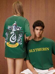 HARRY POTTER X SHEIN Unisex Casual Loose Badge Logo Print Green T-Shirt, Short Sleeve Spring/Summer - Green - View 1