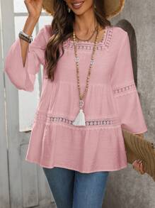 EMERY ROSE Women's Casual Contrast Lace Blouse, Suitable For Spring And Summer Vacation - Dusty Pink - View 1