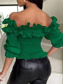 Chiquease 1pc Women's Solid Color Ruffle Decor Open Shoulder Cropped Top - Dark Green - View 2
