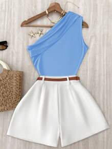 INAWLY 2pcs Women Vacation Casual Solid Color One-Shoulder Top And Shorts Set - Blue - View 2