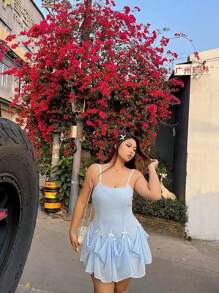 Cravure Đầm xòe thắt eo nơ cỡ lớn cho nữ thanh lịch nhiều kiểu dáng - Màu xanh lam - Xem 7