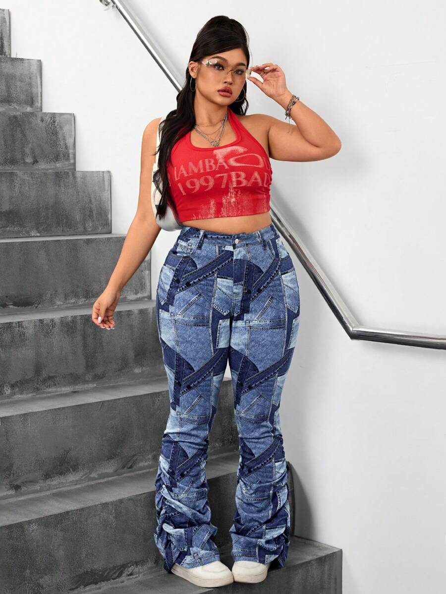 SHEIN ICON Plus Size Fashionable Ruched Slim Fit Jeans - Multicolor - View 1
