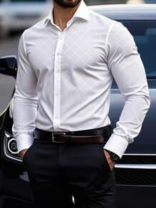 Manfinity Mode Men's Button Down Long Sleeve Slim Fit Business Formal Dress Shirt,Long Sleeve Men Shirt, For Fall Formal, Ceremony - White - View 3