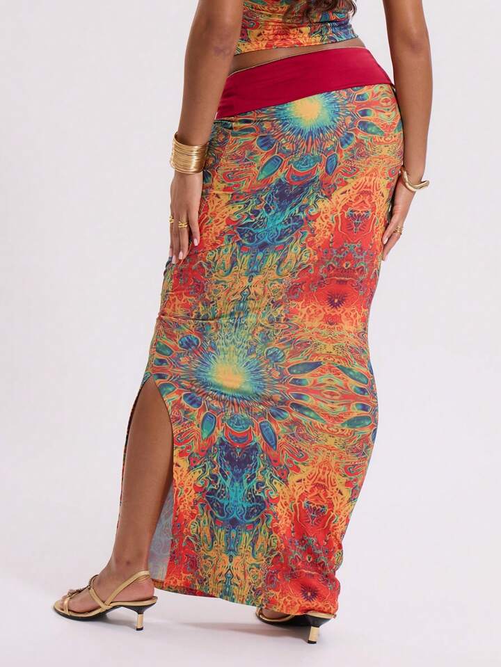 MUSERA Slinky Print Folded Maxi Skirt Only Vacation Summer