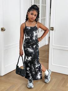 Vestido Maxi informal con estampado de teñido anudado minimalista y suelto para niñas preadolescentes, adecuado para el verano - Rosa Fucsia - Ver 5