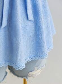 Soleia Women Plus Size Floral Textured Fabric Sweetheart Neck Bowknot Ruffle Short Sleeve A-Line Blouse, Spring Resort - Blue - View 3