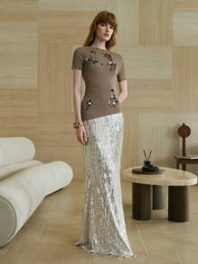 Arave Sequin Tassel Silver Fish Tail Skirt, Personalized Party Wear Clothing, Women's Spring/Summer Long Formal Skirt, Women's Evening Skirt, Women's Bridesmaid Skirt, Women's Gala Skirt