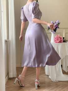 DAZY Solid Color V-Neck Puff Sleeve Women Long Dress - Purple - View 2