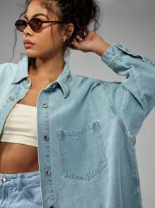 MISSGUIDED قميص جاكيت جينز كبير الحجم، ملائم مريح بأزرار وياقة، أكمام طويلة، أسلوب ملابس العمل المريح للربيع والخريف، وأزياء الشارع العصرية