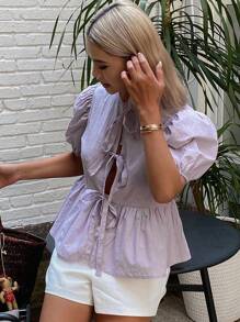 Livesso Nuova camicia estiva casual e ampia da spiaggia e resort, con fiocco, volant e stile baby doll per le donne