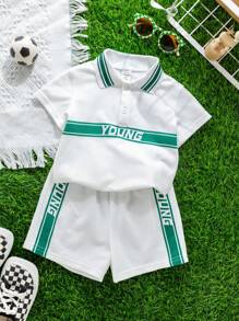SHEIN Bộ 2 món/Bộ quần áo thun polo dệt kim rộng rãi, phong cách thể thao thường ngày cho bé trai và bé gái, phù hợp cho mùa xuân và mùa hè, đồ mặc ở nhà và đồ mặc ngoài - trắng - Xem 1