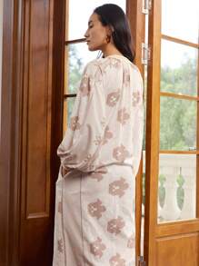 Dazy-Less Floral Print All Over Boho Style Long Sleeve Women Blouse - Beige - View 5