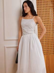 Dazy-Less 女士夏季休闲纹理欧根纱蕾丝紧身中长款吊带裙商务休闲女装