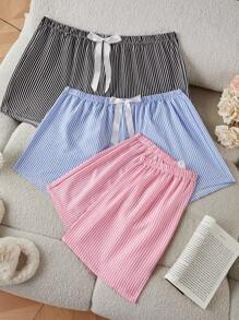 SHEIN 3-Pack Woven Simple Striped Yellow, Blue And Pink Shorts Set