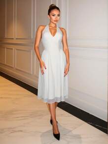 Firerie Damen V-Ausschnitt Midikleid im Jacquard-Blumenmuster mit Trägerhalter, geeignet für Weihnachten, Valentinstag, Konzerte, Aufführungen, Dates, Partys, Hochzeiten, sexy, elegant, Büro, Schulanfang, Urlaub - Blau - Übersicht 3