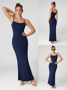 GLOWMODE Đầm Maxi Đuôi Cá Modal Dây Đeo Có Thể Điều Chỉnh Hàng Ngày Thường Ngày Mùa Hè Đầm Dự Tiệc Đầm Dài Đầm Dạ Hội - Dark Blue - Xem 9