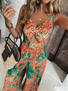 SHEIN VCAY Plus Size Boho Jumpsuit For Women: Sleeveless Spaghetti Strap, Shirred Woven Fabric, Cutout Detail, Multicolor Abstract Print, Long Elegant Jumpsuit For Summer - Multicolor - View 3
