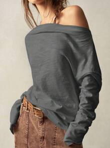 Bohemela Áo thun dài tay cổ thuyền dệt kim màu trơn đơn giản cho nữ - Xám - Xem 5