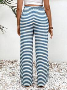 SHEIN Stylish Maternity Knitted Wide Leg Pants In Blue And White Stripes With Comfortable Drawstring Waist For Casual Wear - Blue and White - View 2