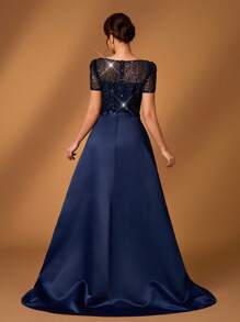 Serin Elegant Luxurious Sheer Sleeve Beaded Sequin Ruched Splice Detachable Satin A-Line Mermaid Dress, Suitable For Wedding, Party, Honeymoon, Ball, Bridal Mother Dress - Navy Blue - View 4