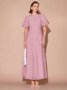 Enchnt Women's Solid Color Round Neck Short Puff Sleeve Elegant Dress,Summer Dresses For Women