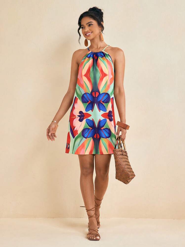 boho halter dress short Cheerfulab Women's Multicolor Woven Abstract Pattern Printed Loose Mini Dress Summer Dress Color:CHICORY COFFEE adhesive bra colour:neutral Casual Dress For Party