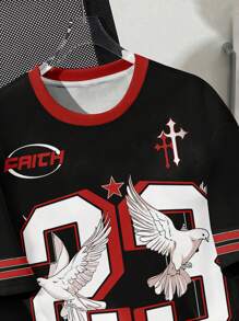 Muchica Casual Minimalist Letter & Number Graphic Round Neck Loose Short Sleeve T-Shirt For Women, Suitable For Summer, Sports - Multicolor - View 3