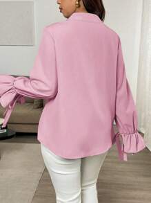 Flirla Plus Size Women's Elegant Shirt Collar Solid Color Spliced Floral Print Long Sleeve Tie Front Blouse - Dusty Pink - View 2