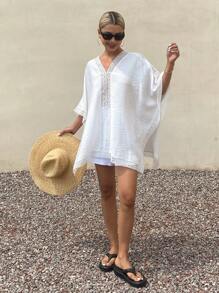 DAZY Women's Solid Color Lace Panel V-Neck Long Cover Up Dress - White - View 5