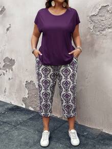 SHEIN LUNE Conjunto de 2 piezas de talla grande - Outfit casual de vacaciones de unicolor que incluye top y pantalones de largo completo - Morado - Ver 4