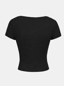 SHEIN Girlism Teen Girls' Black Contrast Collar And Lace Trim Fitted T-Shirt - Black - View 2