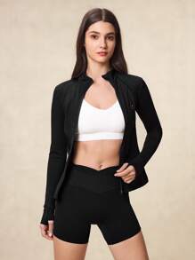 OutZeal Women Sweat Wicking Tummy Control Tight Fit Zip Pocket Sports Jacket Yoga Gym Workout Top - Black - View 7