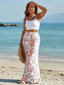 SHEIN VCAY Plus Size Floral Print Fitted Skirt, Suitable For Valentine's Day, Vacation, Casual Picnic Party - Red - View 3